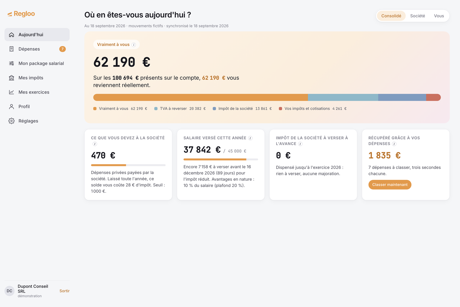 Regloo — écran Aujourd'hui : ce qui est vraiment à vous sur le compte de la société
