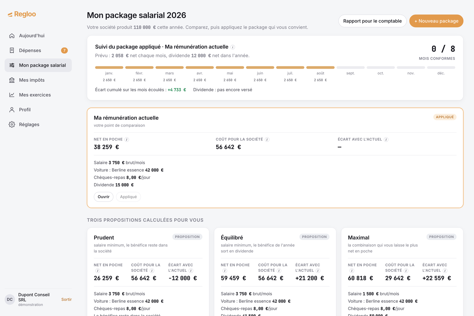 Mon package salarial : rémunération actuelle, trois propositions, écart